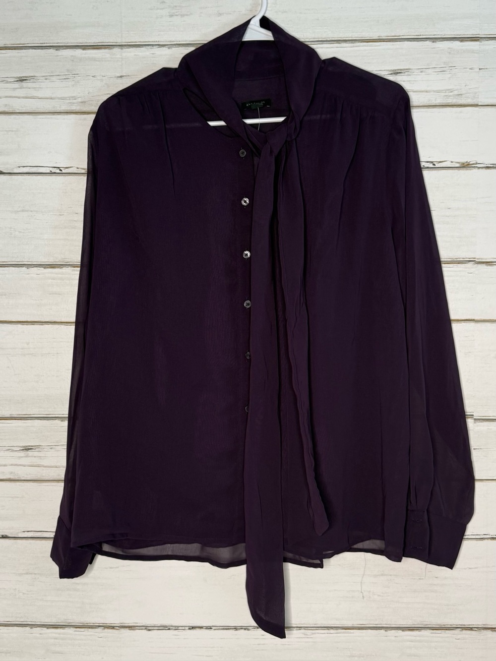 NWT Ann Taylor Deep Purple Georgette Tie Neck Blouse Size L